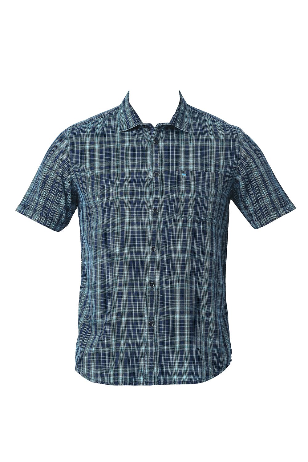 BASICS SLIM FIT COTTON INDIGO CHECKS HALFSLEEVES SHIRT