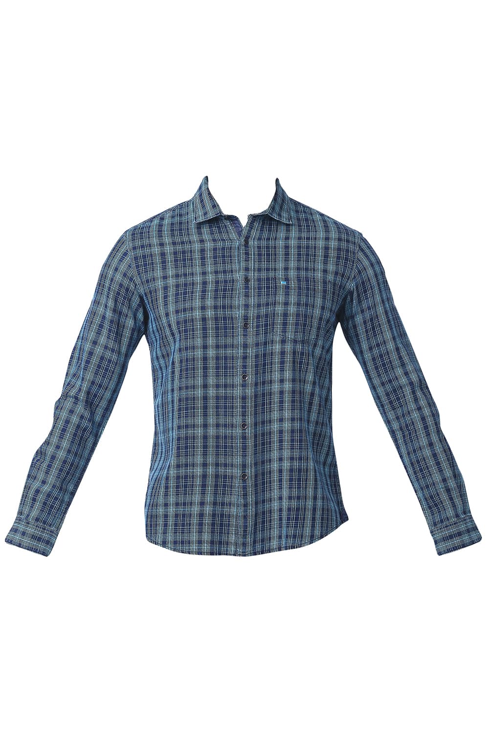 BASICS SLIM FIT COTTON INDIGO CHECKS SHIRT