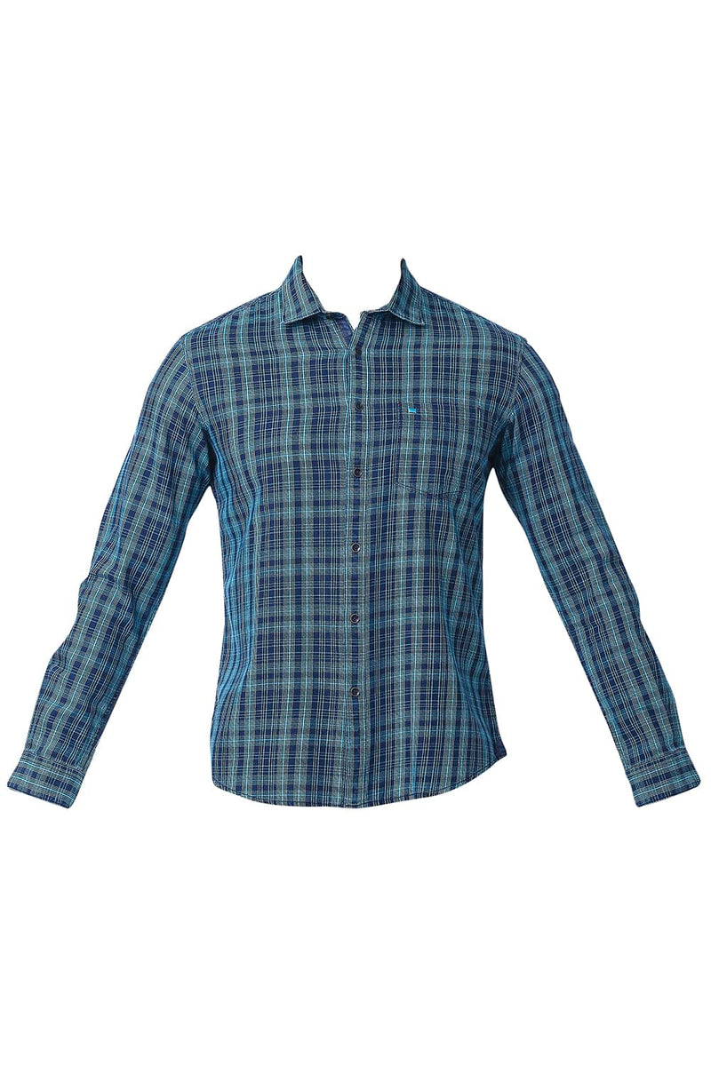 BASICS SLIM FIT COTTON INDIGO CHECKS SHIRT