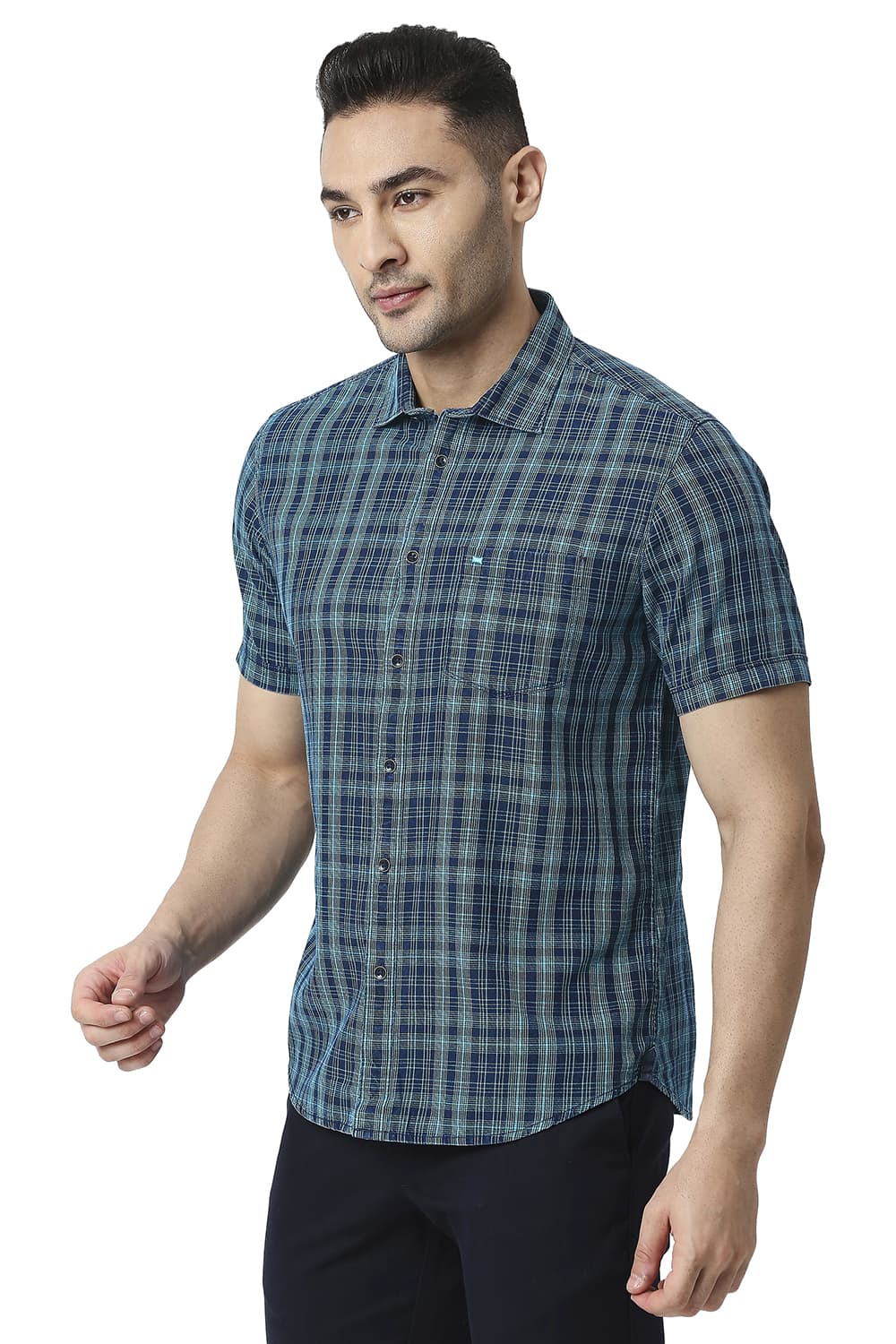 BASICS SLIM FIT COTTON INDIGO CHECKS HALFSLEEVES SHIRT