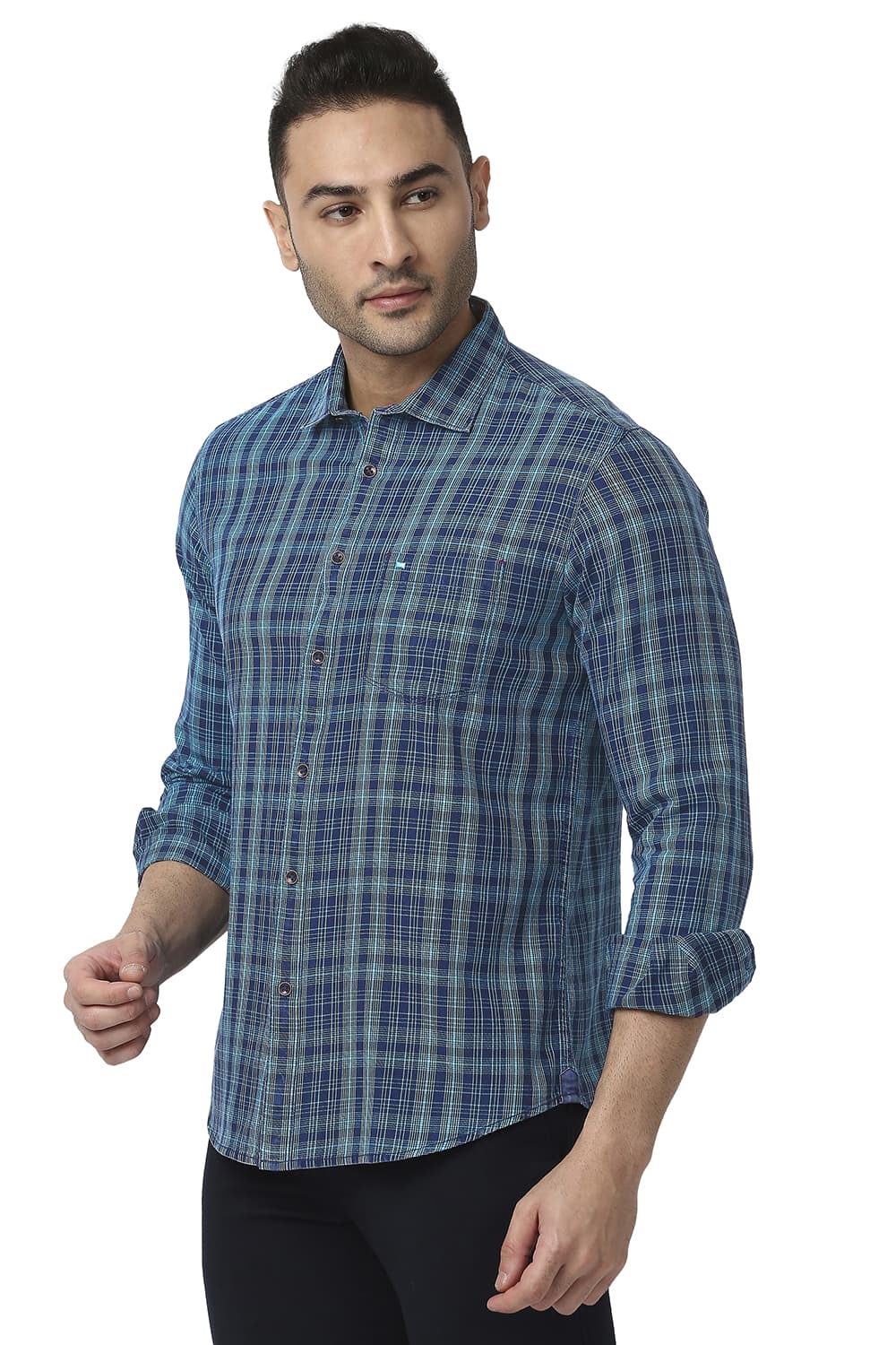 BASICS SLIM FIT COTTON INDIGO CHECKS SHIRT