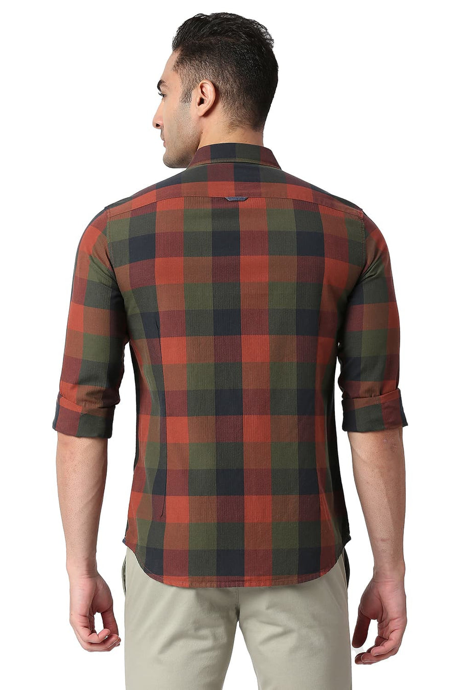 BASICS SLIM FIT MAHOGANY BRICK COTTON TWILL CHECKS SHIRT
