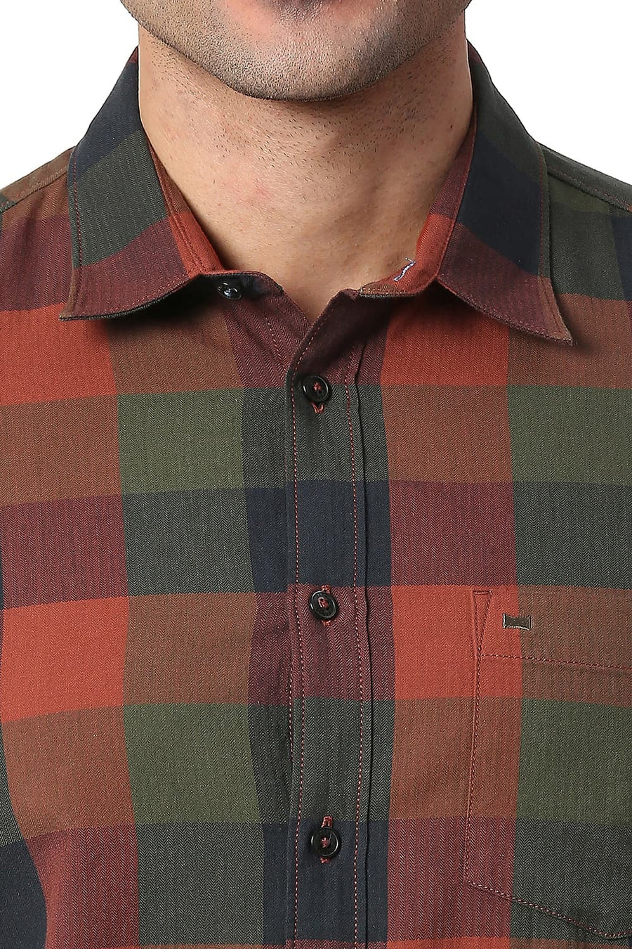 BASICS SLIM FIT MAHOGANY BRICK COTTON TWILL CHECKS SHIRT