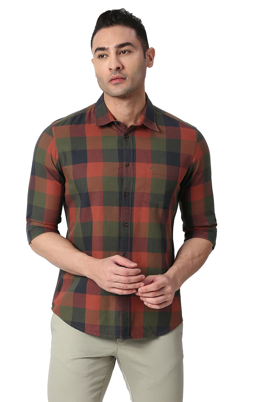 BASICS SLIM FIT MAHOGANY BRICK COTTON TWILL CHECKS SHIRT
