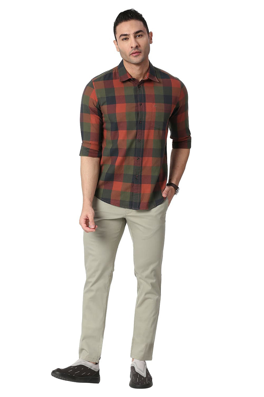BASICS SLIM FIT MAHOGANY BRICK COTTON TWILL CHECKS SHIRT