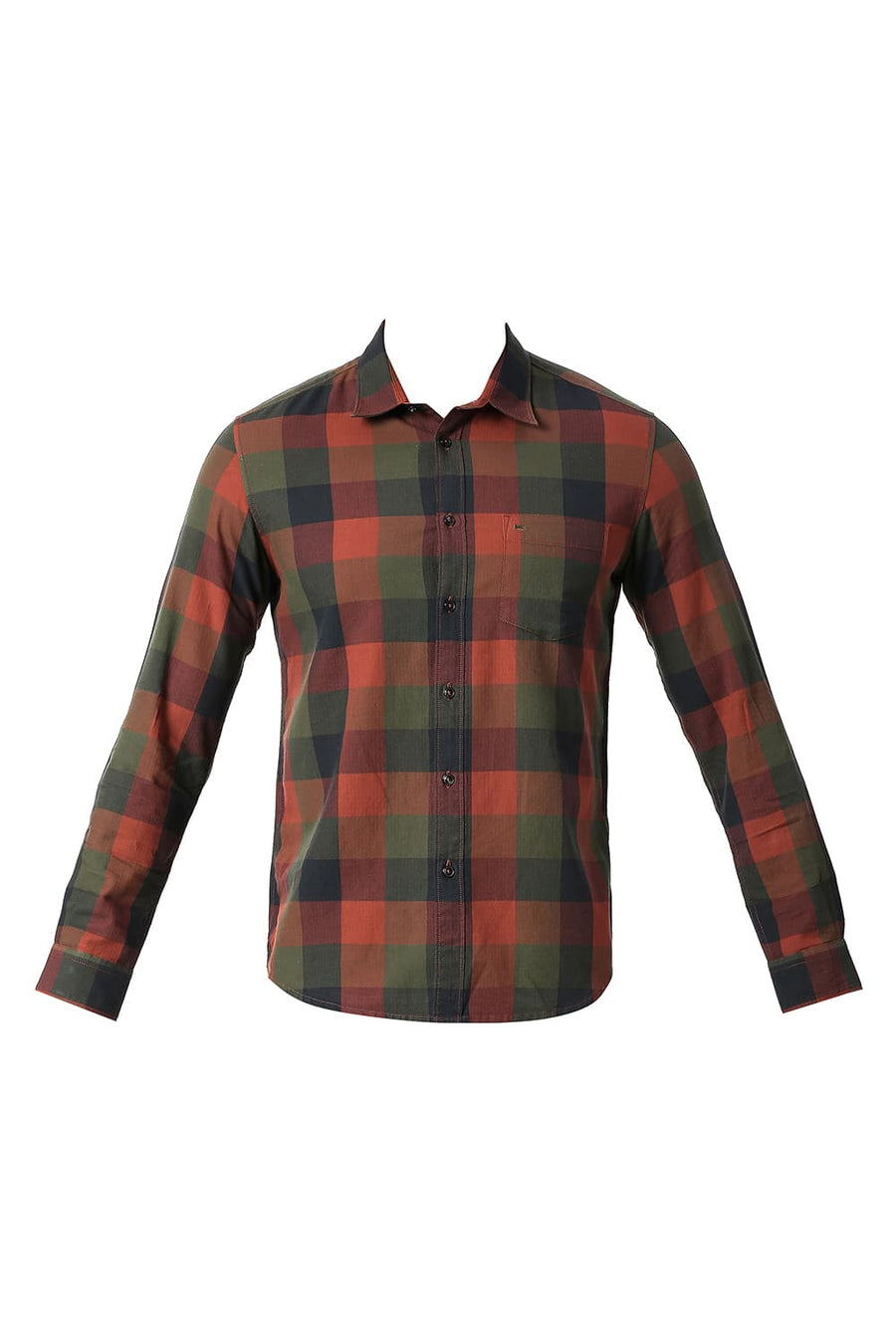 BASICS SLIM FIT MAHOGANY BRICK COTTON TWILL CHECKS SHIRT
