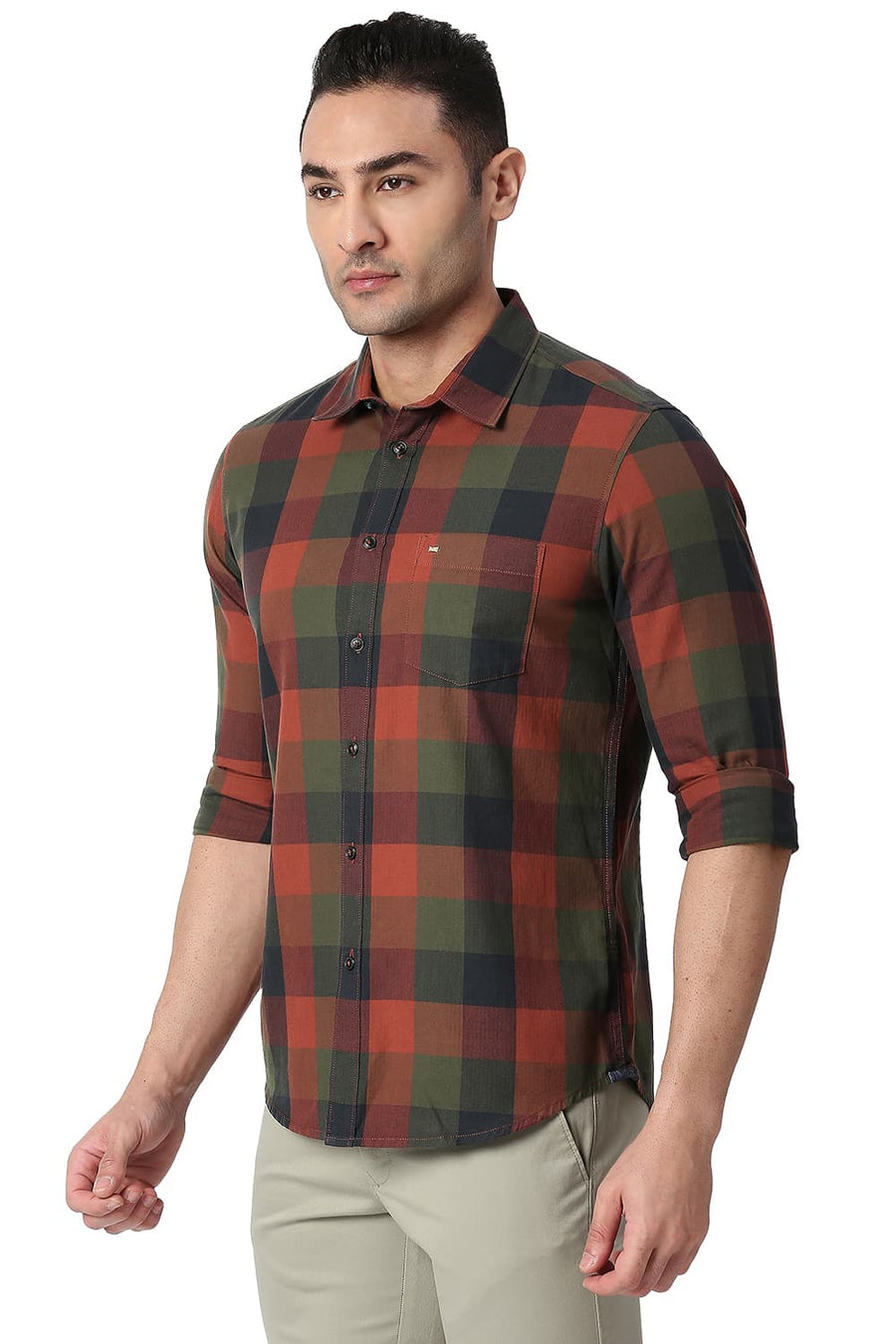 BASICS SLIM FIT MAHOGANY BRICK COTTON TWILL CHECKS SHIRT