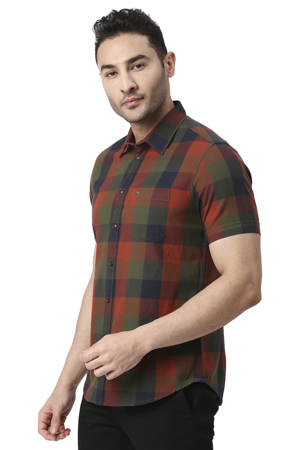 BASICS SLIM FIT COTTON TWILL CHECKS HALFSLEEVES SHIRT