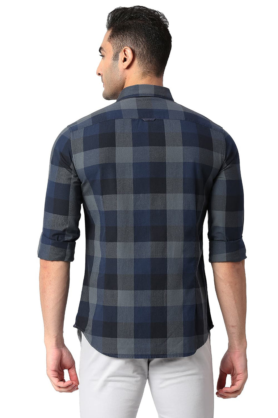BASICS SLIM FIT DIPPER NAVY COTTON TWILL CHECKS SHIRT