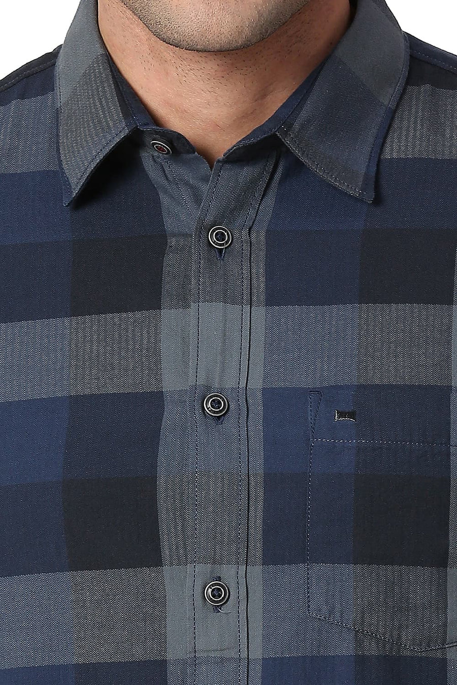 BASICS SLIM FIT DIPPER NAVY COTTON TWILL CHECKS SHIRT