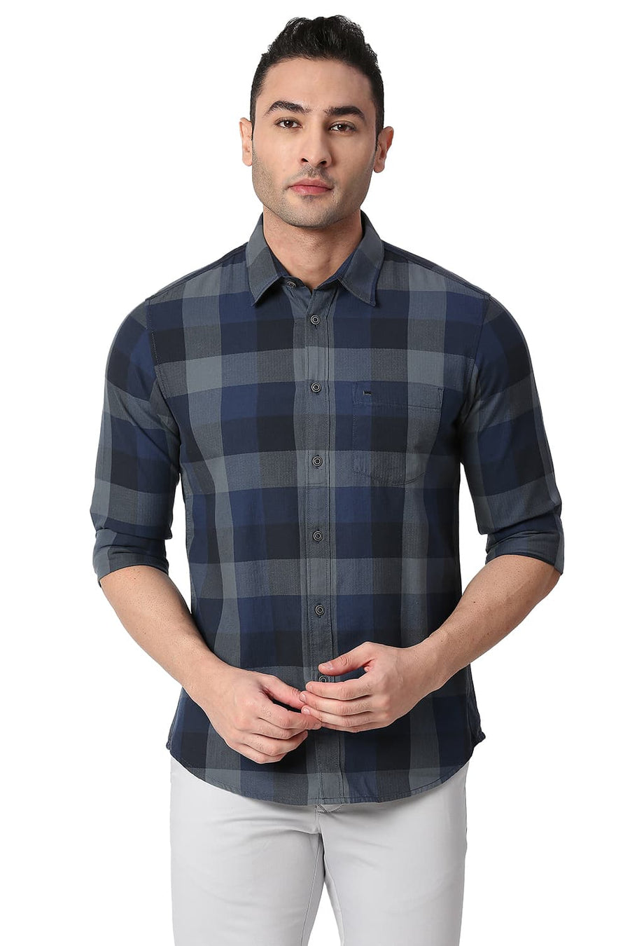 BASICS SLIM FIT DIPPER NAVY COTTON TWILL CHECKS SHIRT
