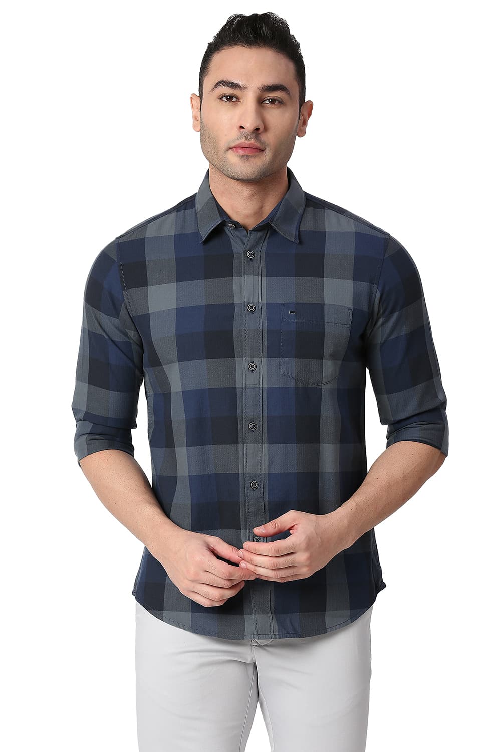 BASICS SLIM FIT COTTON TWILL CHECKS SHIRT