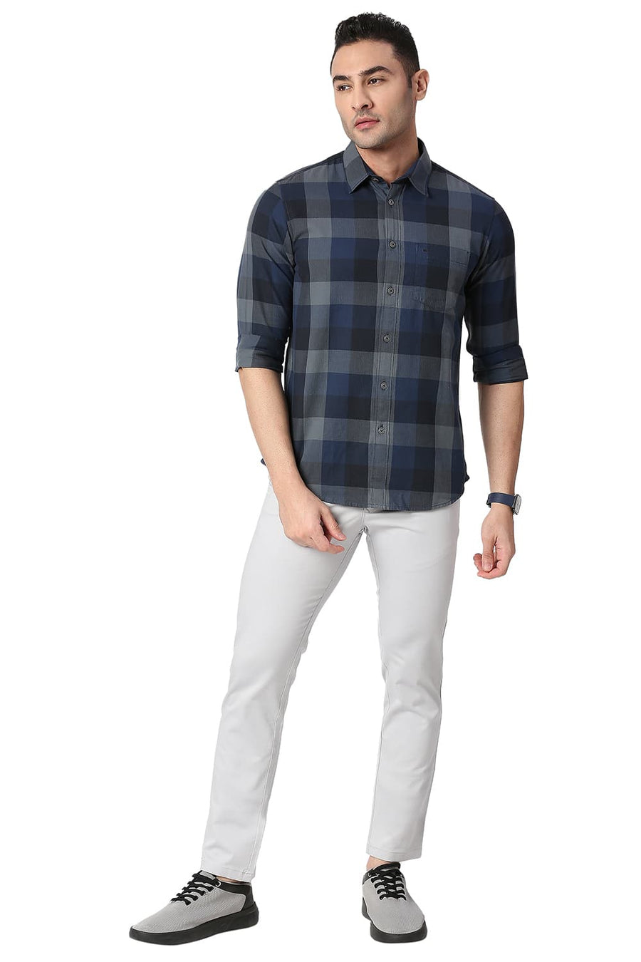 BASICS SLIM FIT DIPPER NAVY COTTON TWILL CHECKS SHIRT