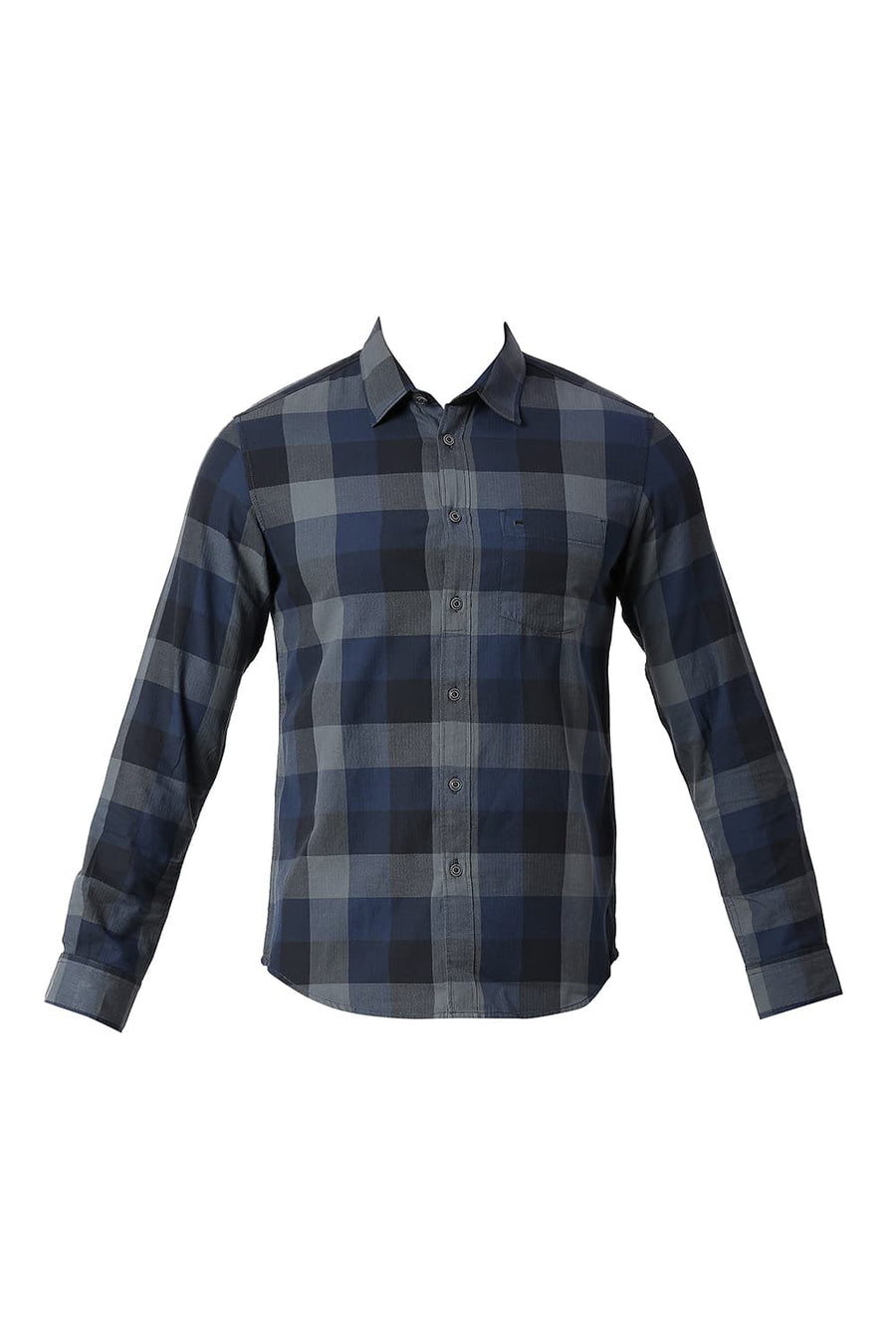 BASICS SLIM FIT DIPPER NAVY COTTON TWILL CHECKS SHIRT