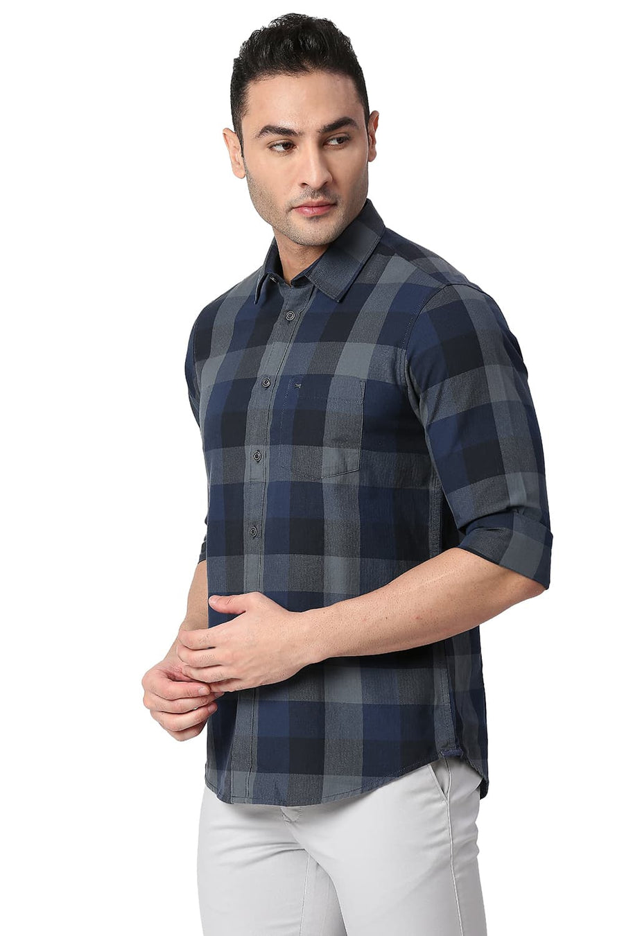 BASICS SLIM FIT DIPPER NAVY COTTON TWILL CHECKS SHIRT