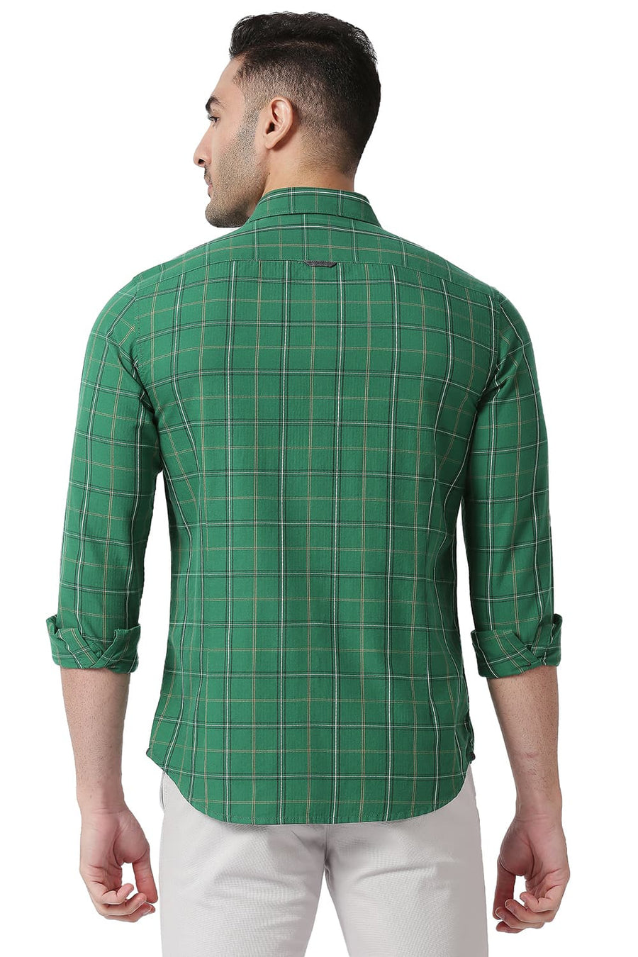 BASICS SLIM FIT FOLIAGE GREEN COTTON TWILL CHECKS SHIRT