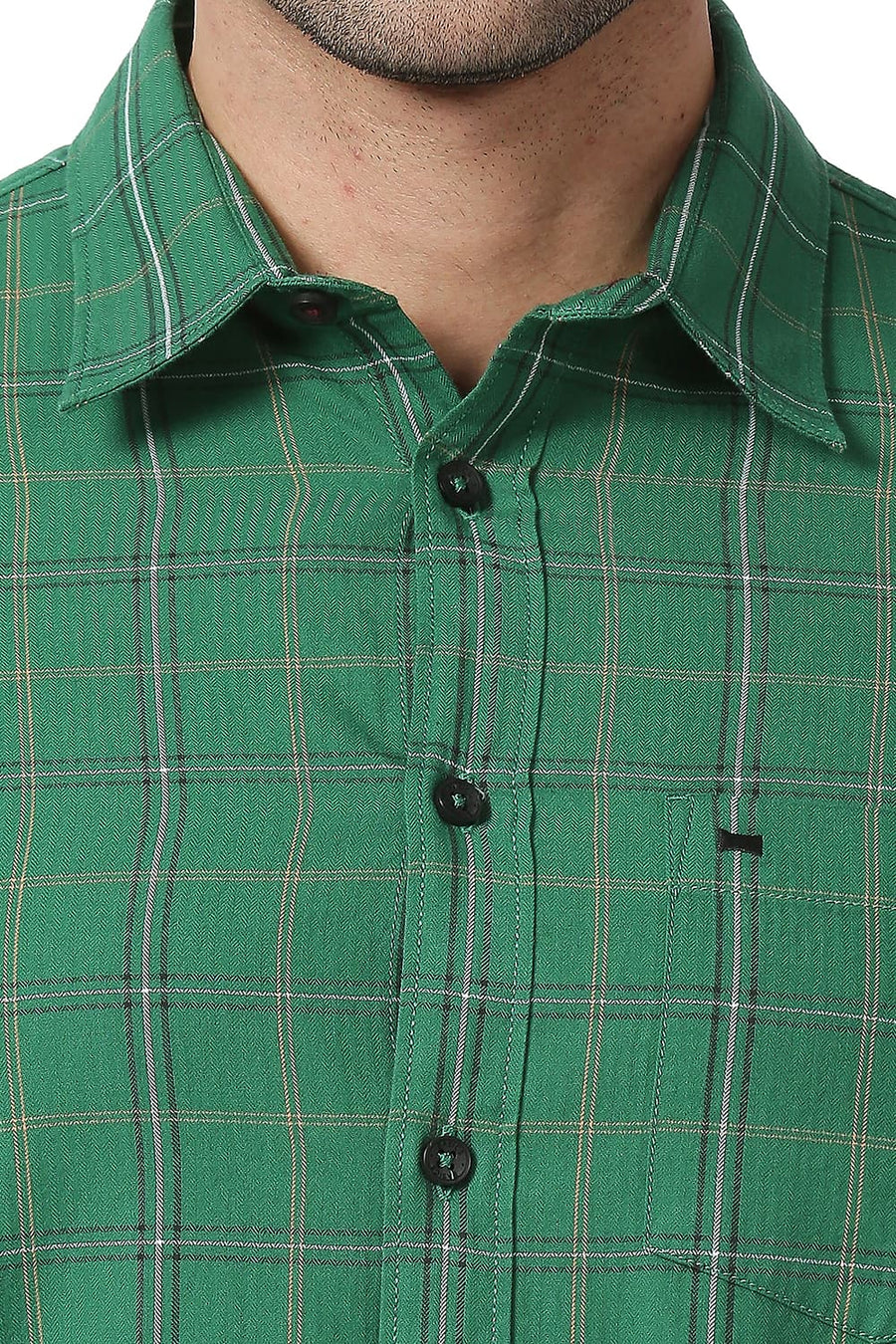 BASICS SLIM FIT FOLIAGE GREEN COTTON TWILL CHECKS SHIRT