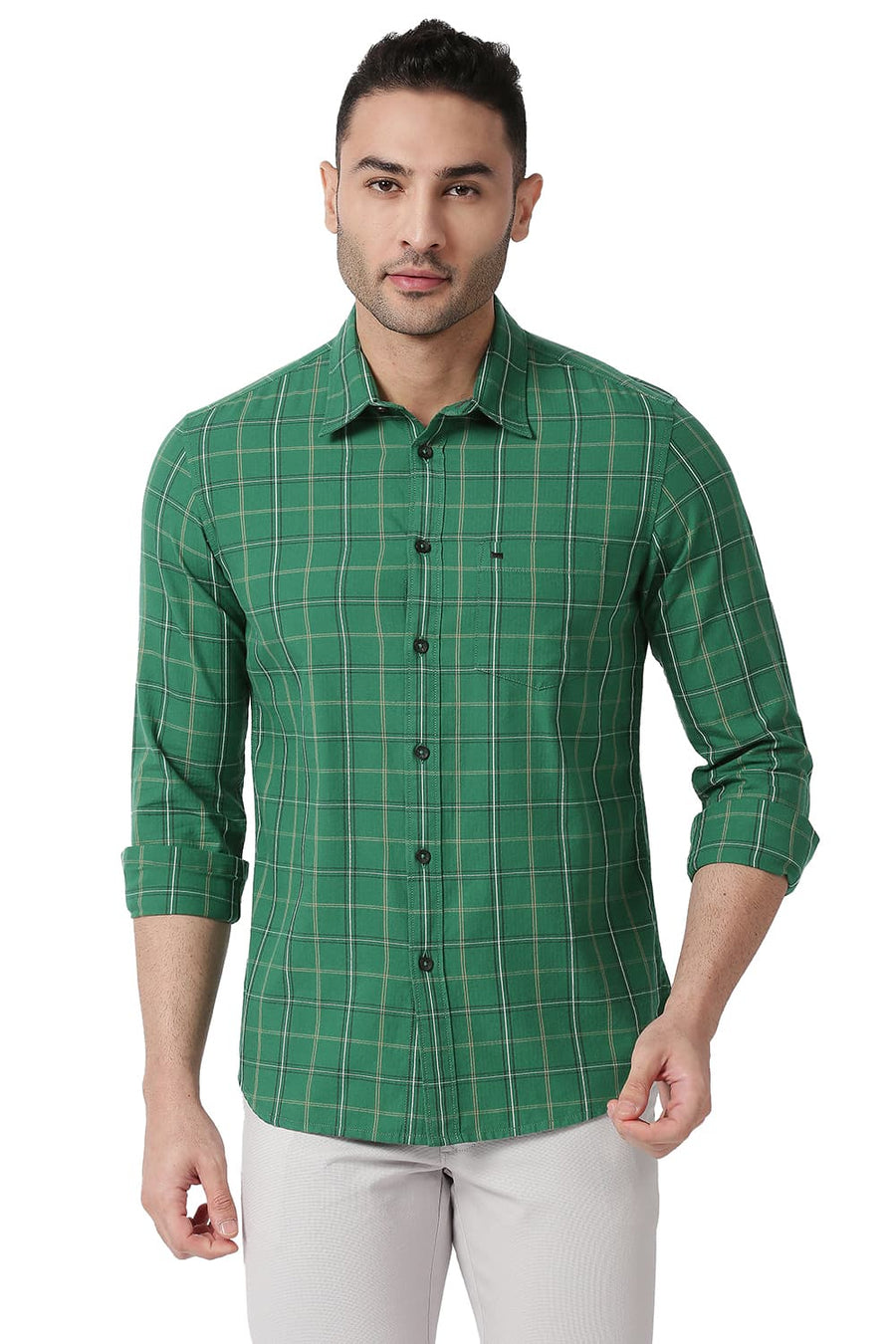BASICS SLIM FIT FOLIAGE GREEN COTTON TWILL CHECKS SHIRT