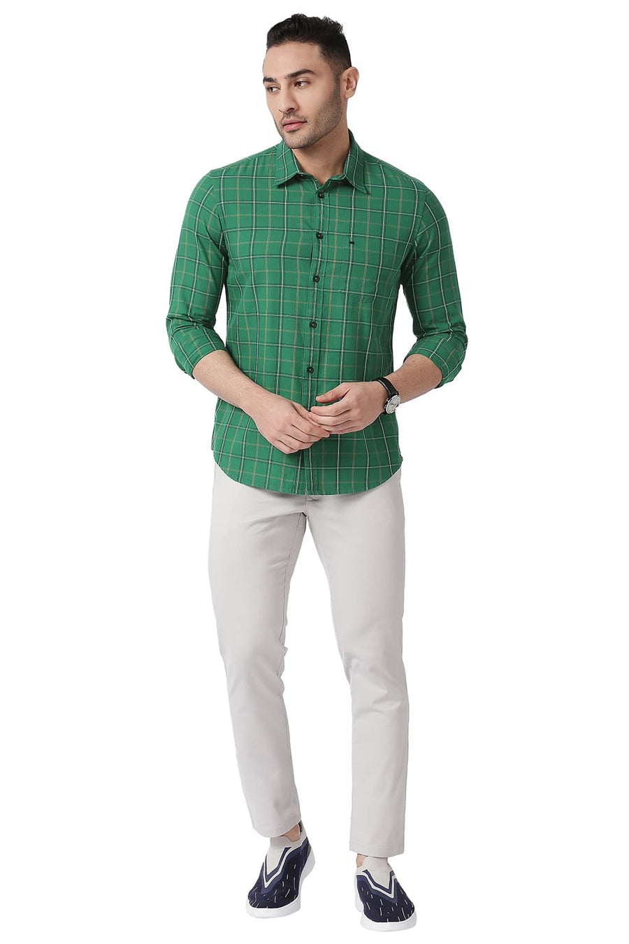BASICS SLIM FIT FOLIAGE GREEN COTTON TWILL CHECKS SHIRT