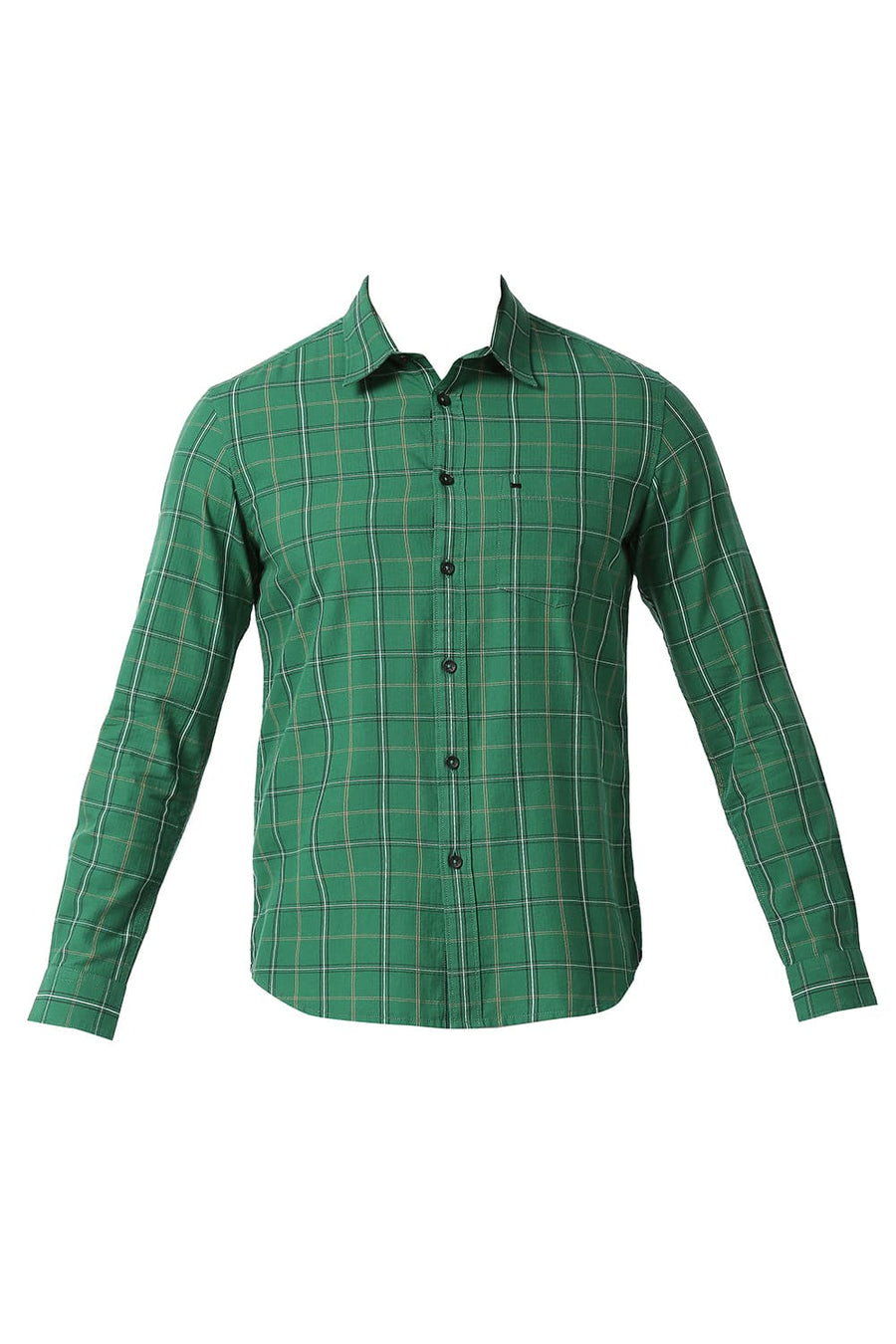 BASICS SLIM FIT FOLIAGE GREEN COTTON TWILL CHECKS SHIRT
