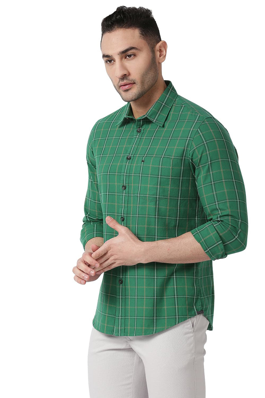 BASICS SLIM FIT FOLIAGE GREEN COTTON TWILL CHECKS SHIRT