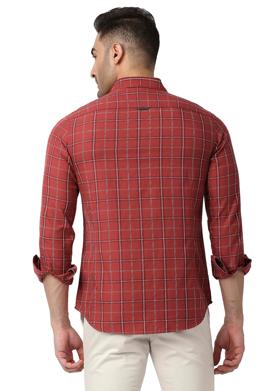 BASICS SLIM FIT ROCOCCO RED COTTON TWILL CHECKS SHIRT