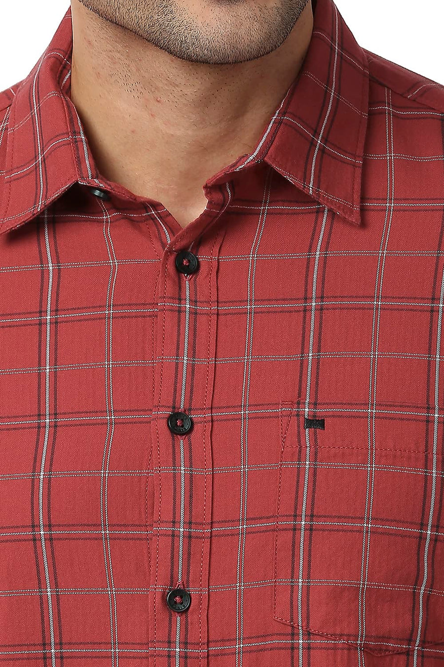 BASICS SLIM FIT ROCOCCO RED COTTON TWILL CHECKS SHIRT