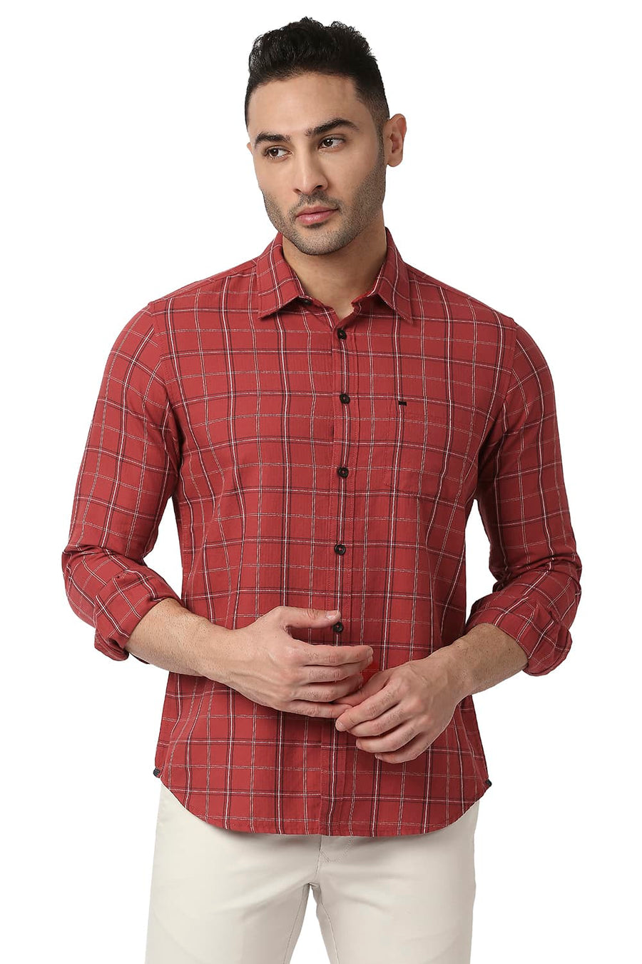 BASICS SLIM FIT ROCOCCO RED COTTON TWILL CHECKS SHIRT