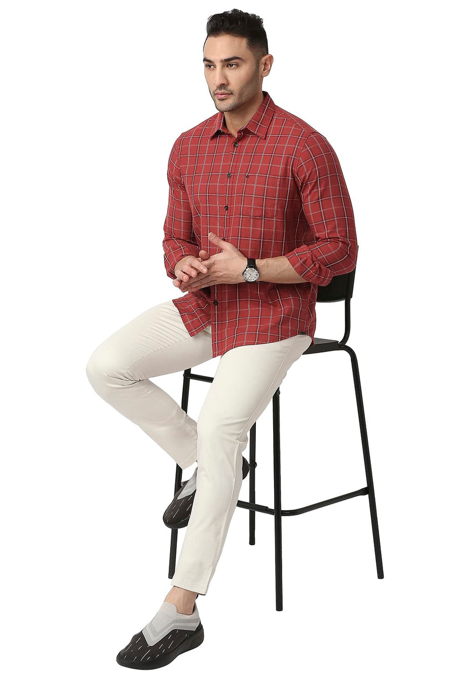 BASICS SLIM FIT ROCOCCO RED COTTON TWILL CHECKS SHIRT