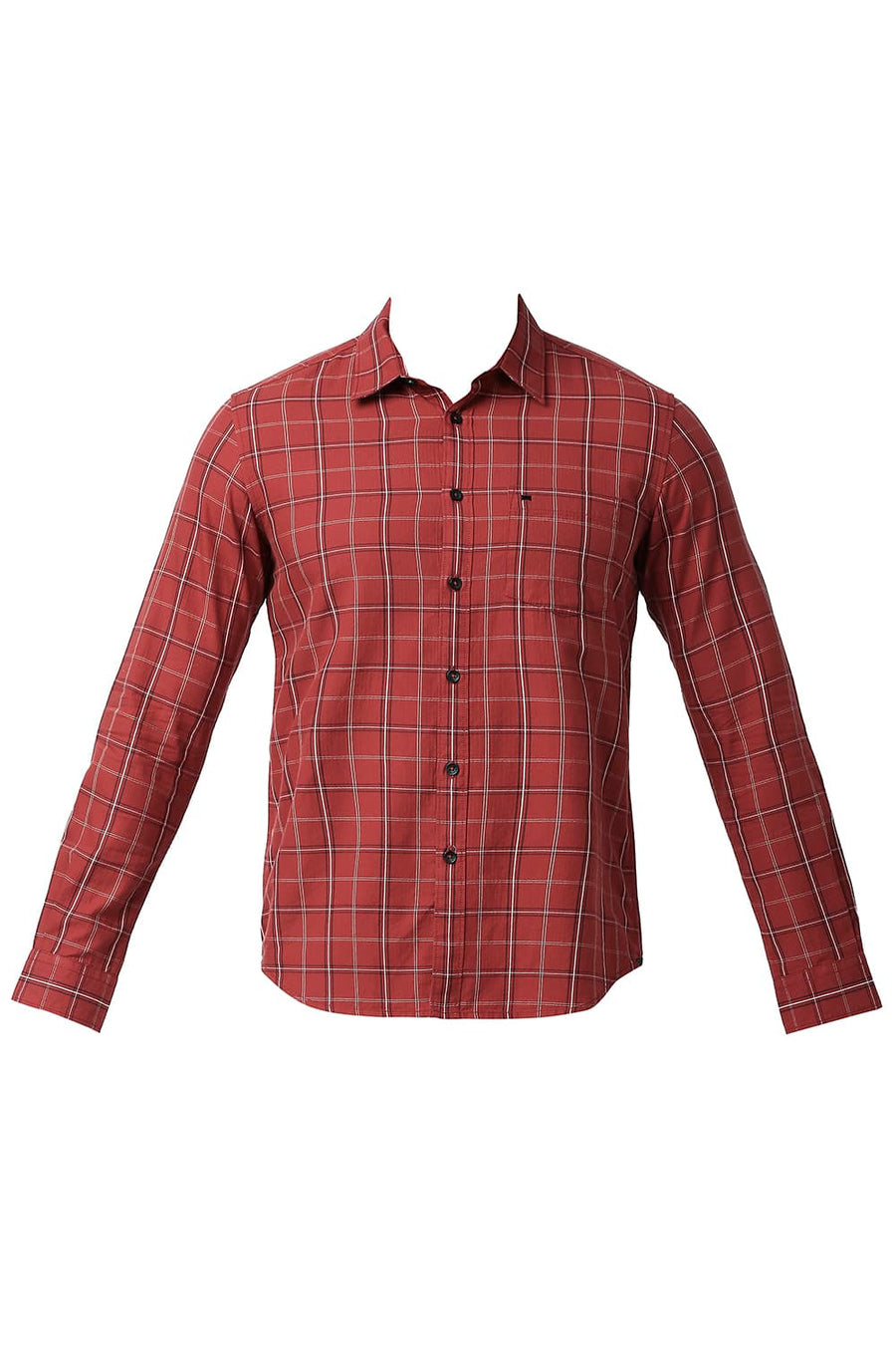 BASICS SLIM FIT ROCOCCO RED COTTON TWILL CHECKS SHIRT