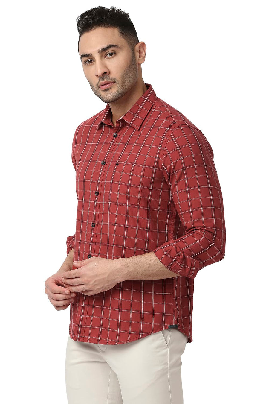 BASICS SLIM FIT ROCOCCO RED COTTON TWILL CHECKS SHIRT