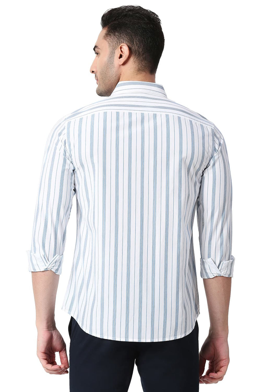 BASICS SLIM FIT IBIZA BLUE COTTON STRIPE SHIRT