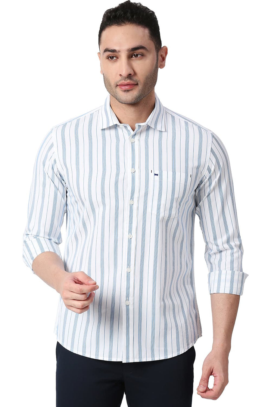BASICS SLIM FIT IBIZA BLUE COTTON STRIPE SHIRT