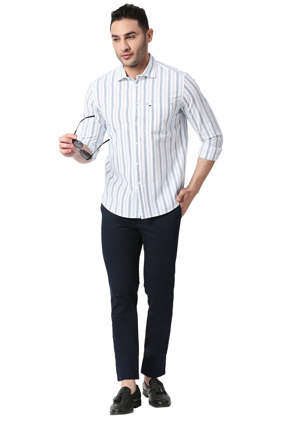 BASICS SLIM FIT IBIZA BLUE COTTON STRIPE SHIRT