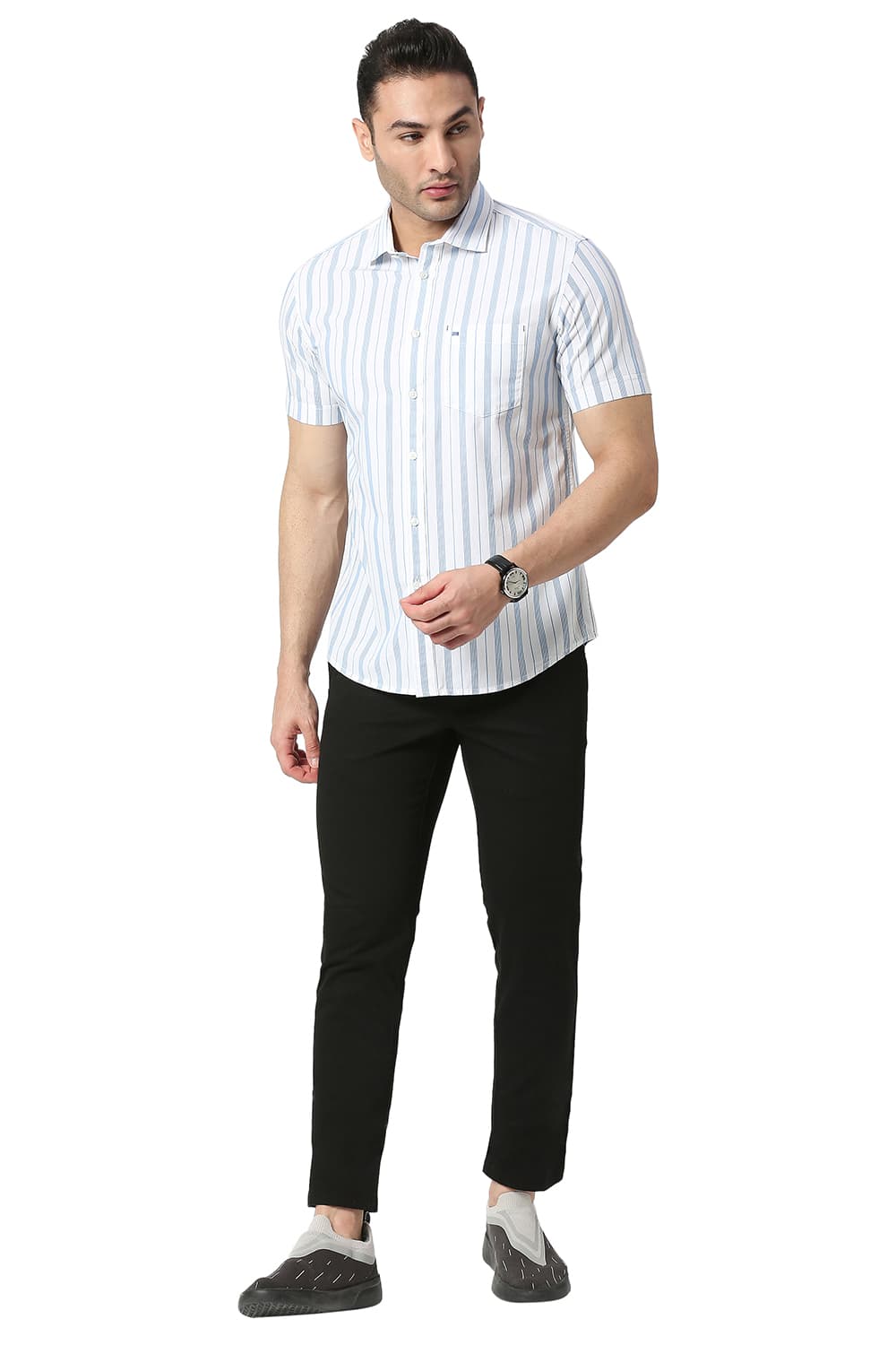 BASICS SLIM FIT COTTON STRIPE HALFSLEEVES SHIRT