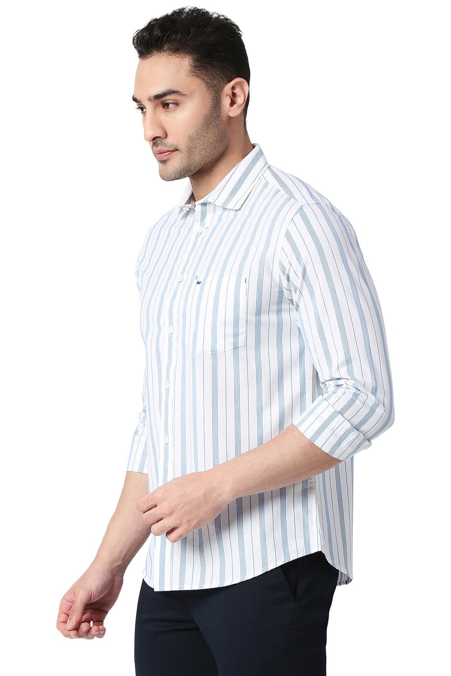 BASICS SLIM FIT IBIZA BLUE COTTON STRIPE SHIRT