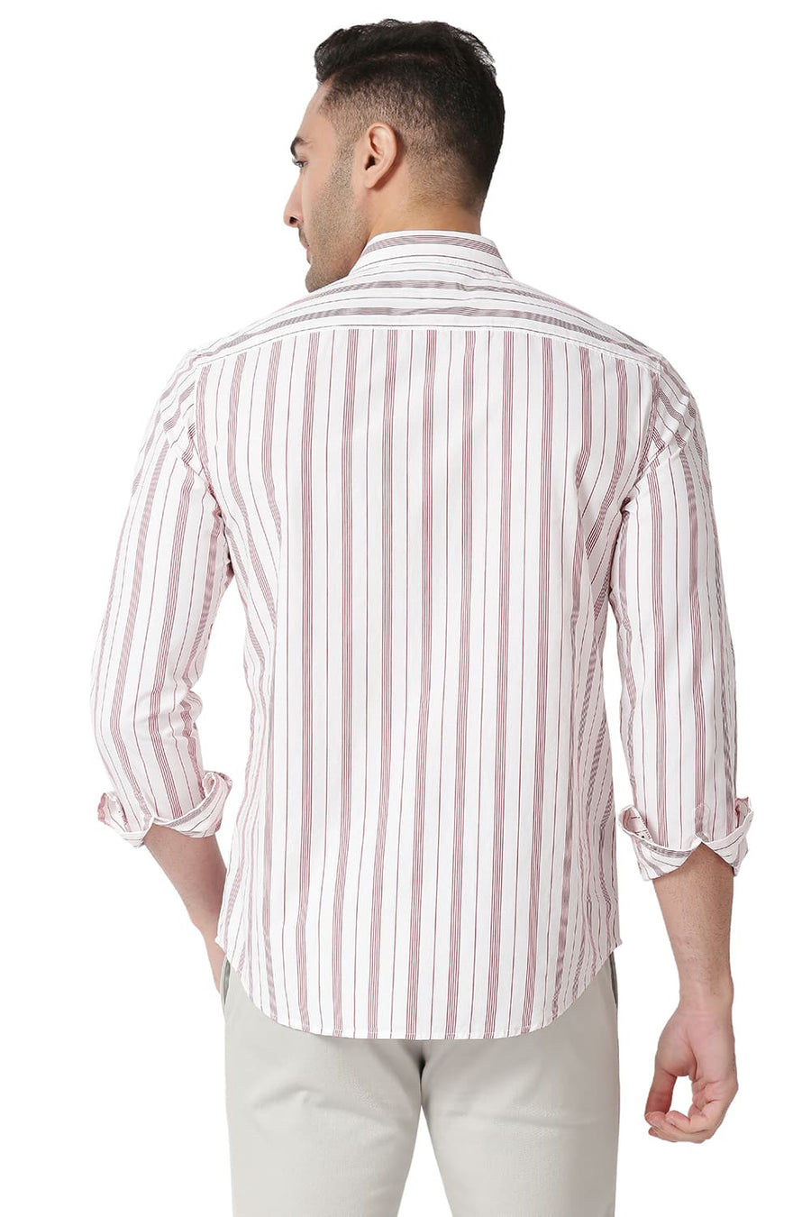 BASICS SLIM FIT RACING RED COTTON STRIPE SHIRT