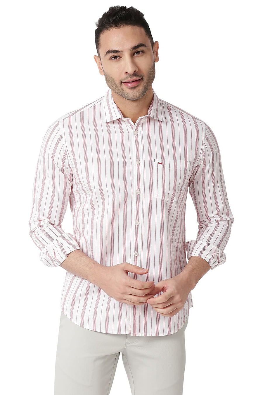 BASICS SLIM FIT RACING RED COTTON STRIPE SHIRT