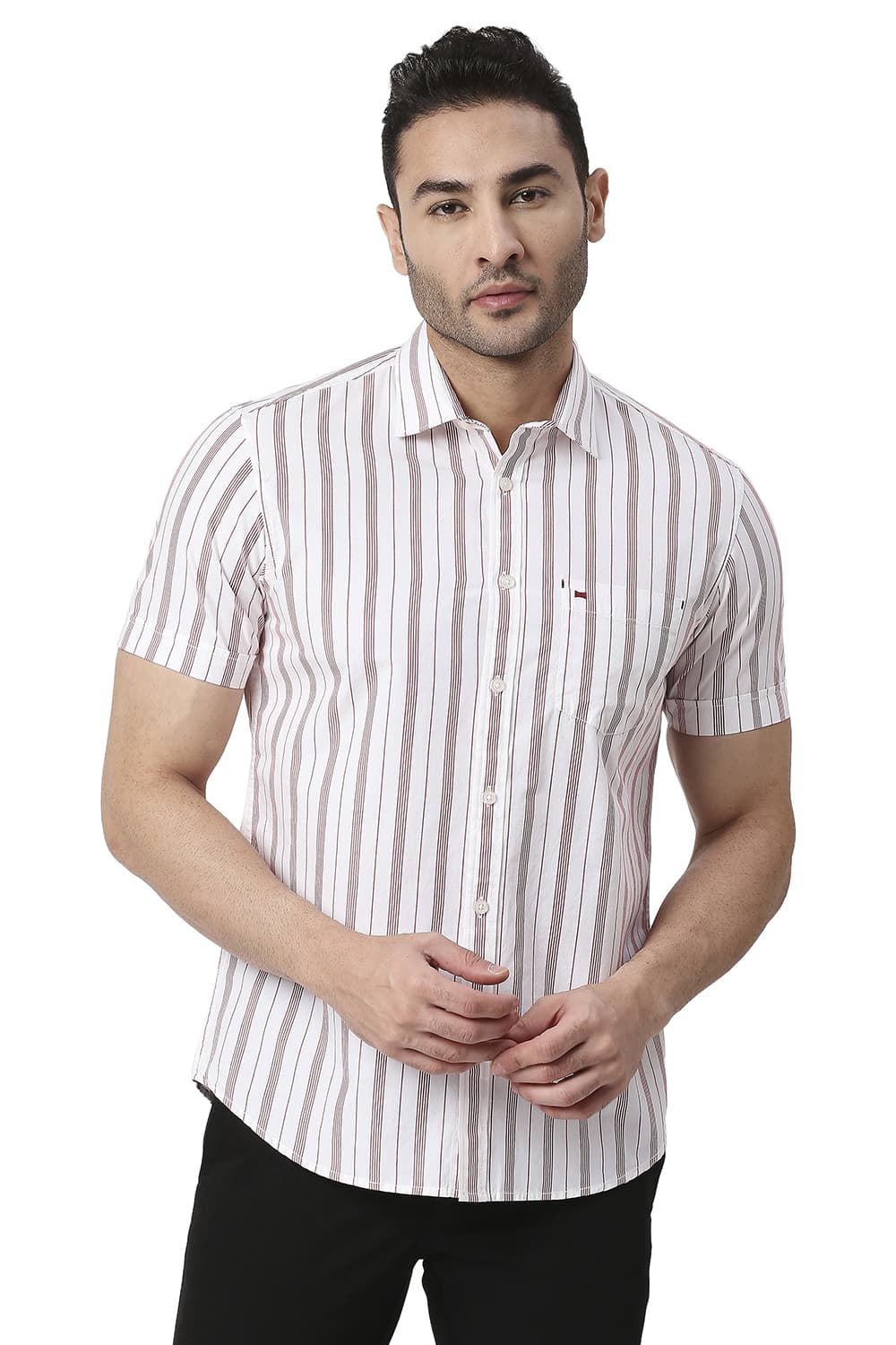 BASICS SLIM FIT COTTON STRIPE HALFSLEEVES SHIRT