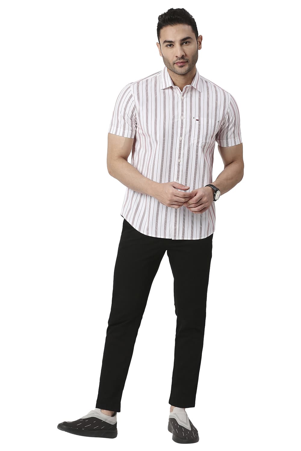 BASICS SLIM FIT COTTON STRIPE HALFSLEEVES SHIRT