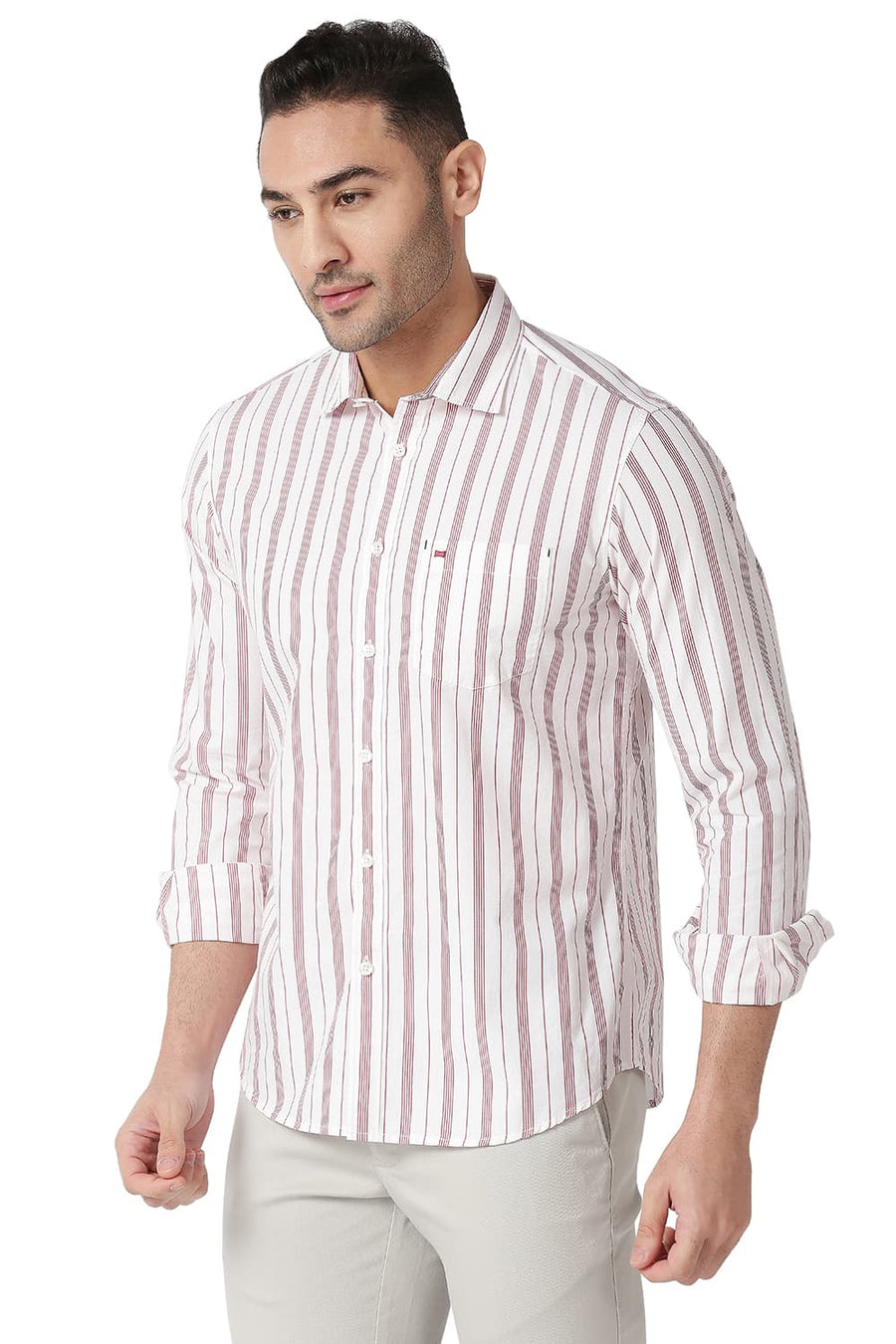 BASICS SLIM FIT RACING RED COTTON STRIPE SHIRT
