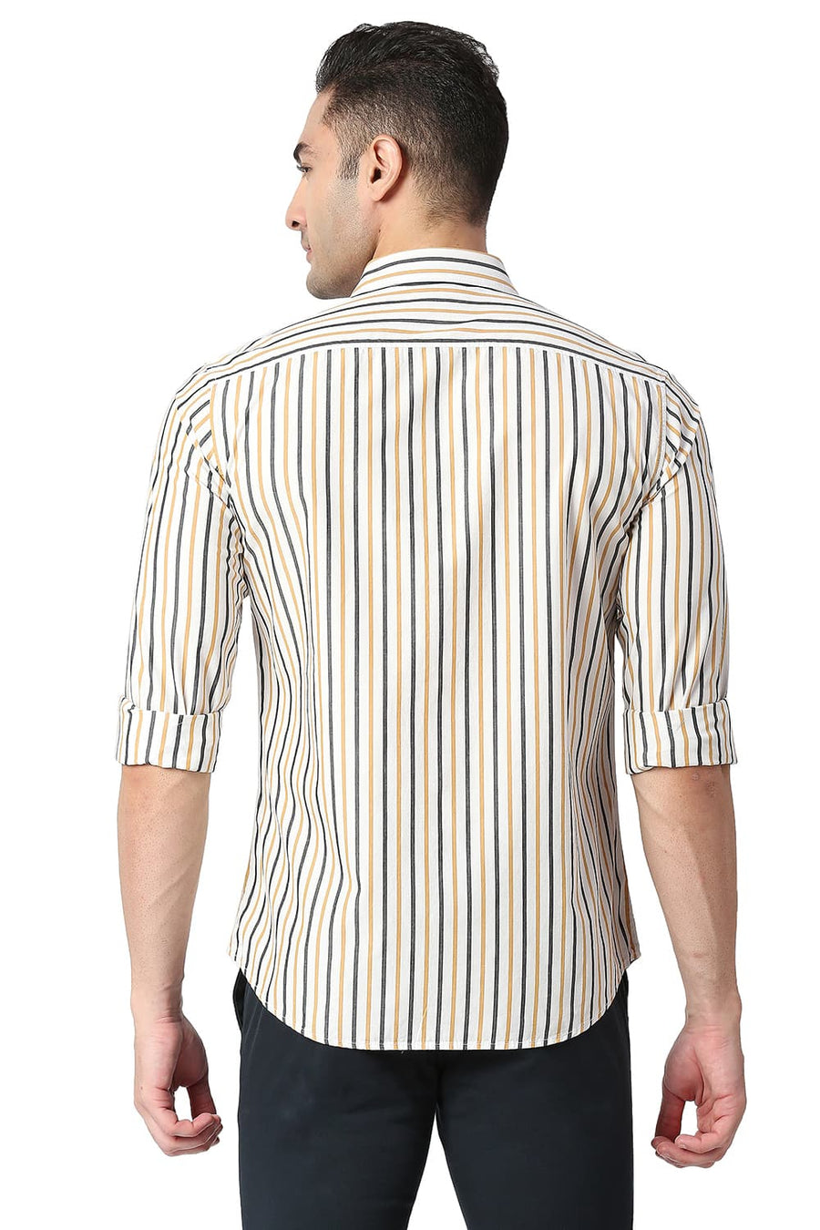BASICS SLIM FIT GOLD KHAKI COTTON STRIPE SHIRT