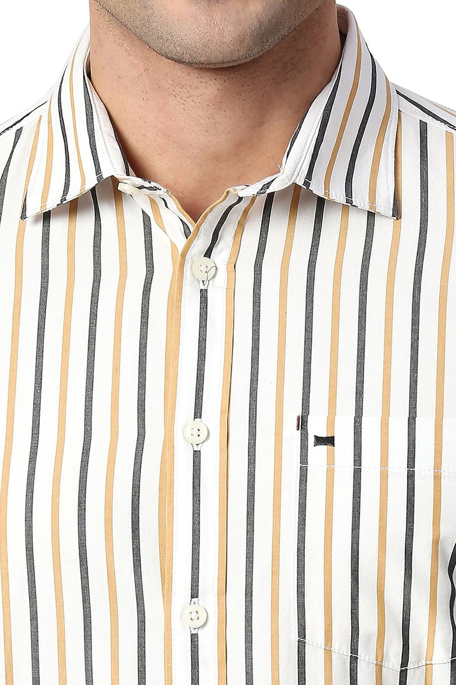 BASICS SLIM FIT GOLD KHAKI COTTON STRIPE SHIRT