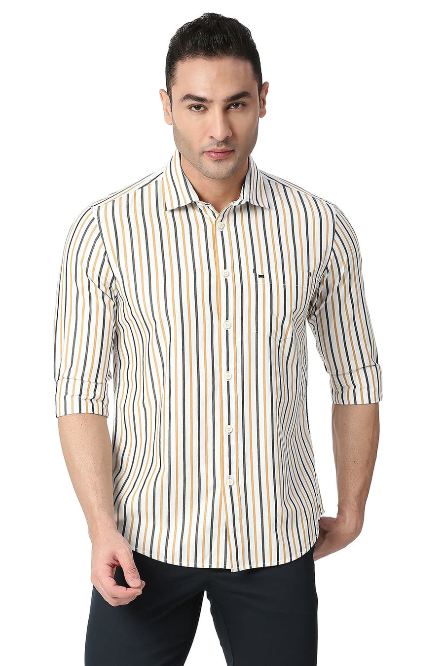 BASICS SLIM FIT GOLD KHAKI COTTON STRIPE SHIRT