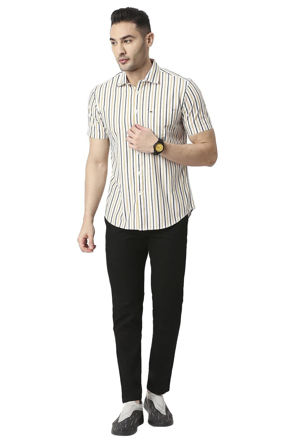 BASICS SLIM FIT COTTON STRIPE HALFSLEEVES SHIRT