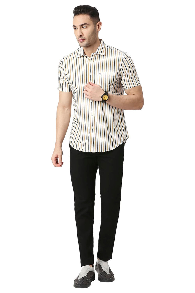 BASICS SLIM FIT COTTON STRIPE HALFSLEEVES SHIRT