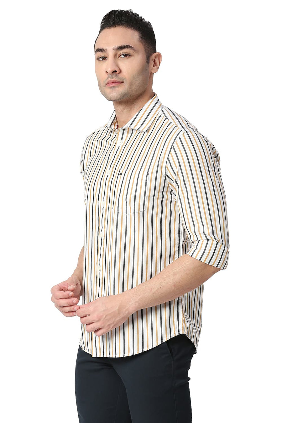BASICS SLIM FIT GOLD KHAKI COTTON STRIPE SHIRT