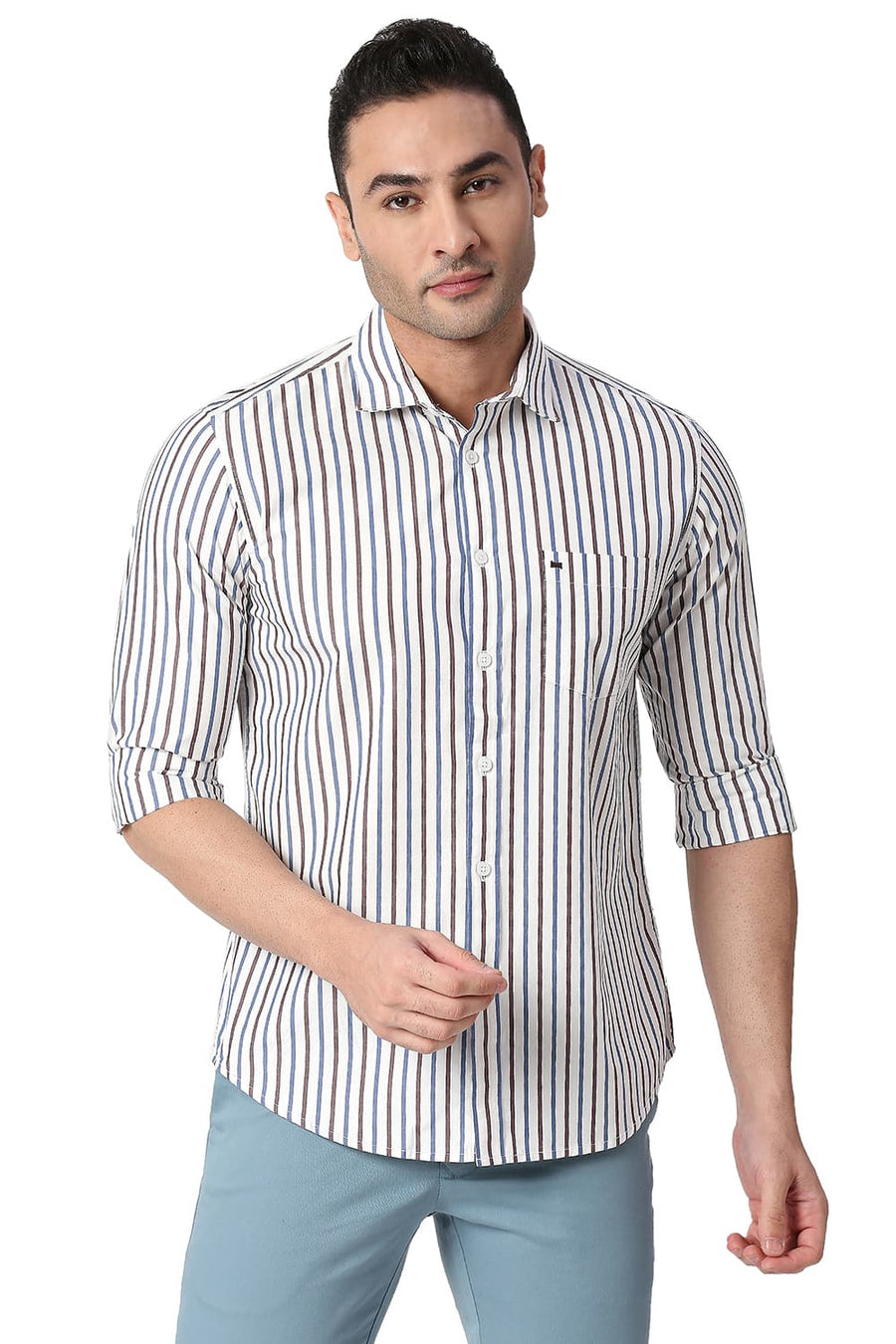 BASICS SLIM FIT BURNT MAROON COTTON STRIPE SHIRT
