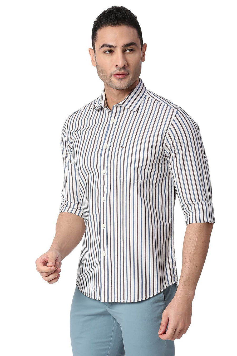 BASICS SLIM FIT BURNT MAROON COTTON STRIPE SHIRT