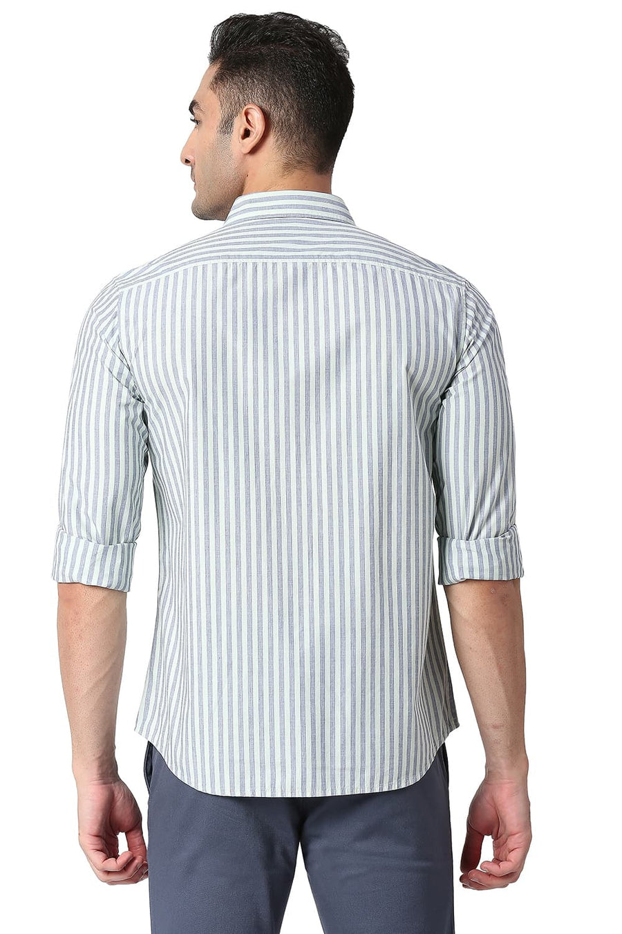 BASICS SLIM FIT DUSTY GREEN COTTON STRIPE SHIRT